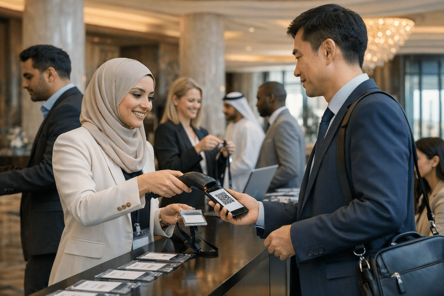 Badge printing and QR code check-in at a Dubai conference registration counter