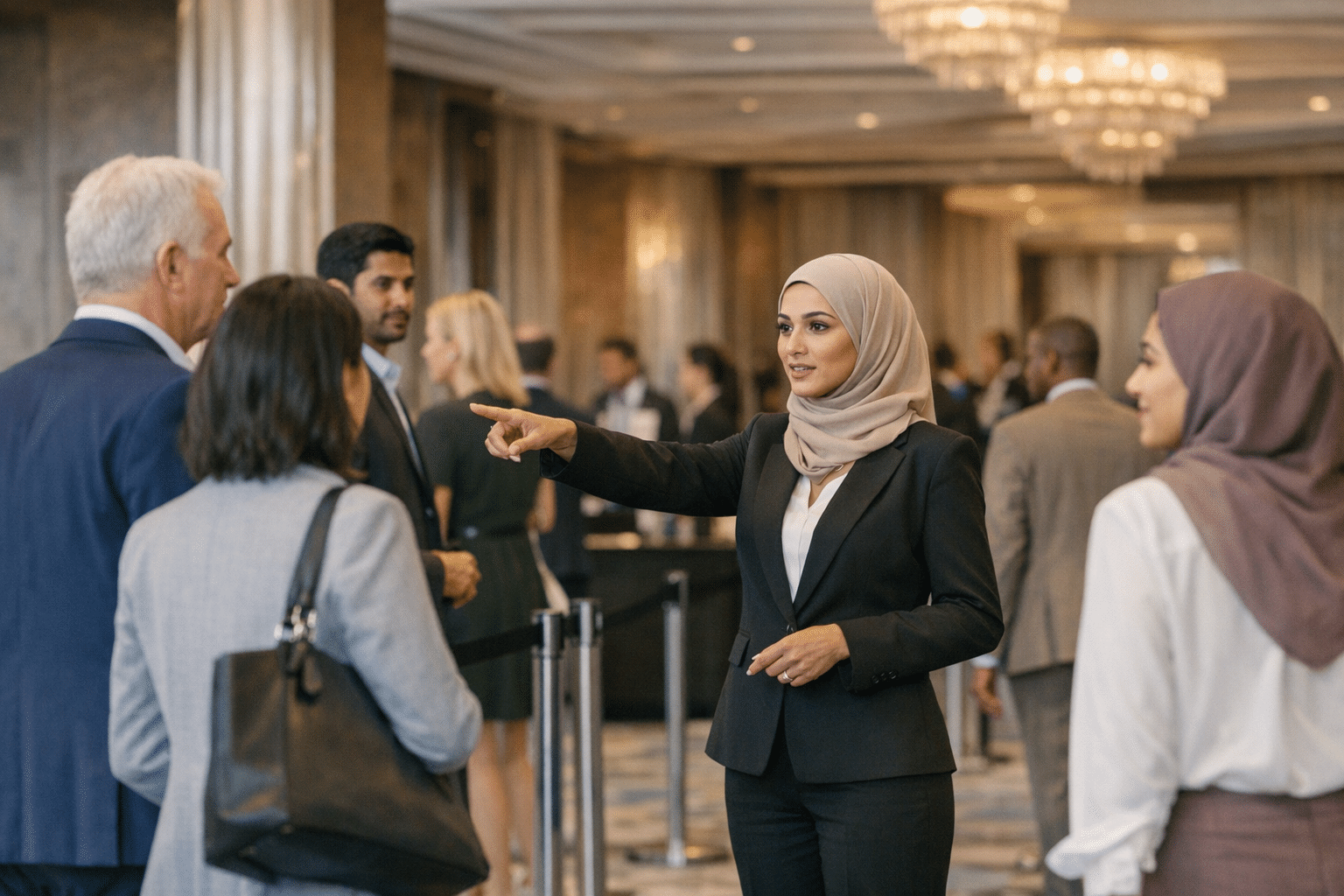 Queue manager directing conference delegates to check-in lanes at a Dubai venue