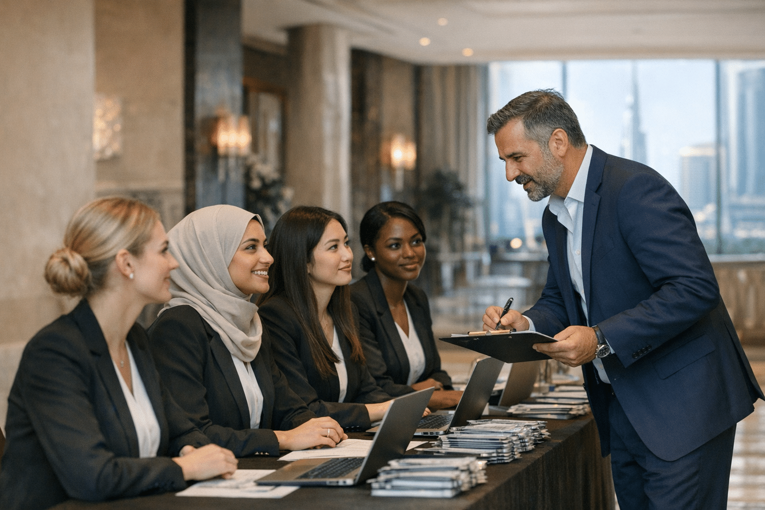 Supervisor checking in a team of agency hostesses at a conference registration desk in Dubai