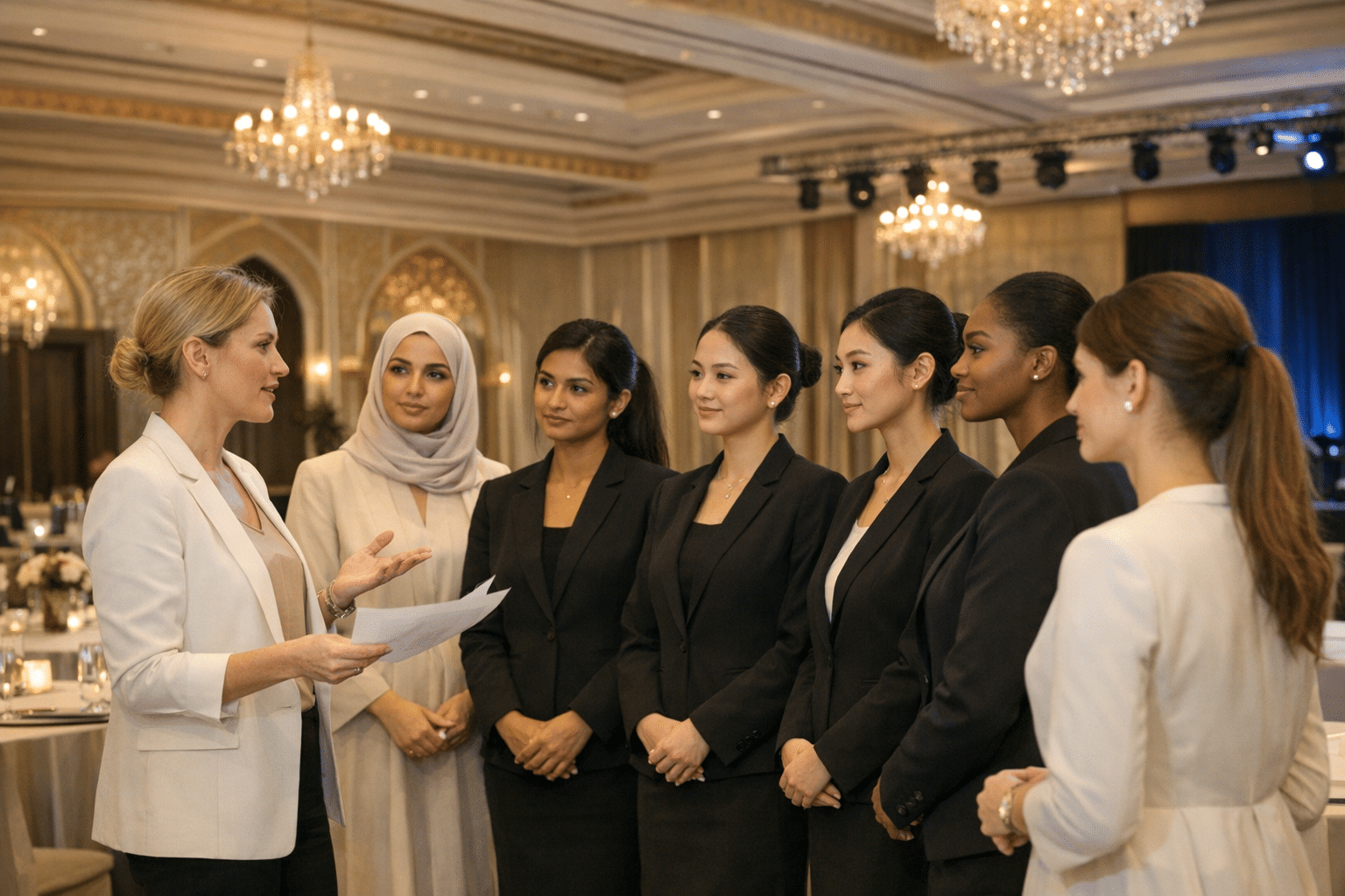 Briefing session for multilingual event hostesses before a product launch at a Dubai hotel ballroom