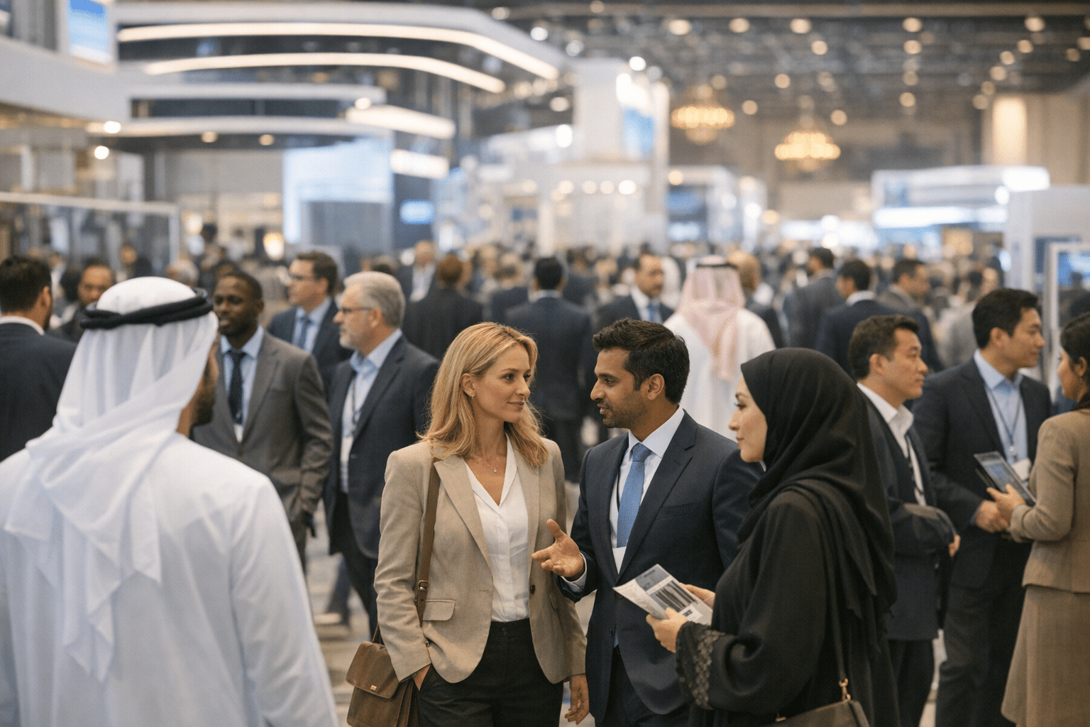 Crowded exhibition hall at Dubai World Trade Centre during a major trade show