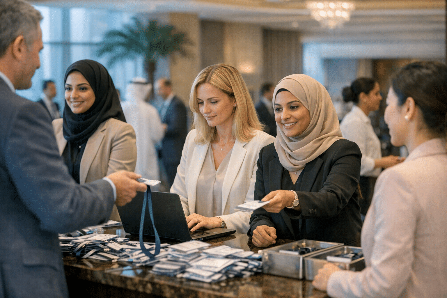 Hostess team managing a busy conference registration desk in Dubai