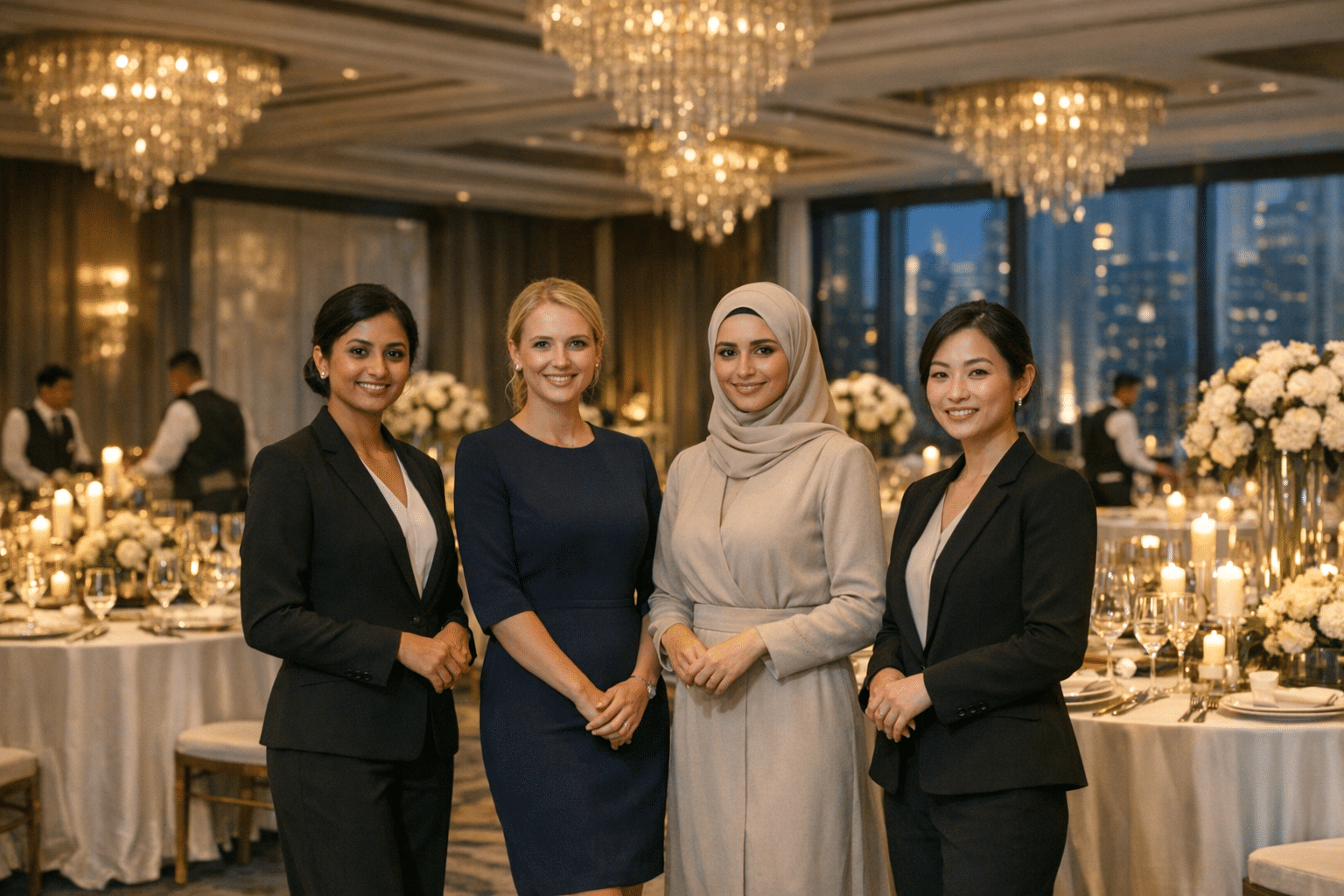 Elegant gala dinner setup with hostess team ready to welcome guests at a Dubai hotel ballroom