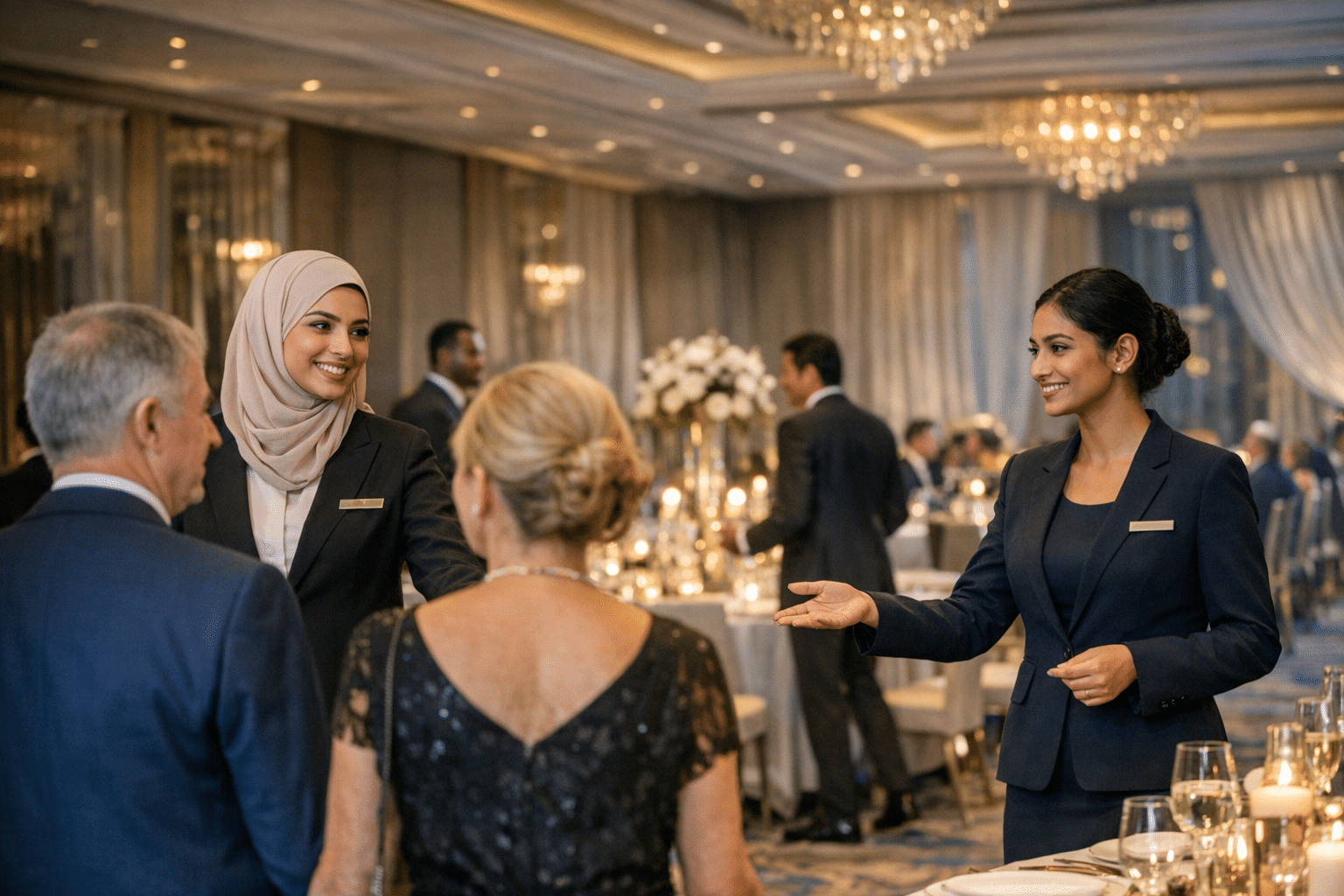 Seating escorts guiding guests to their tables in a Dubai hotel ballroom set for a gala dinner.