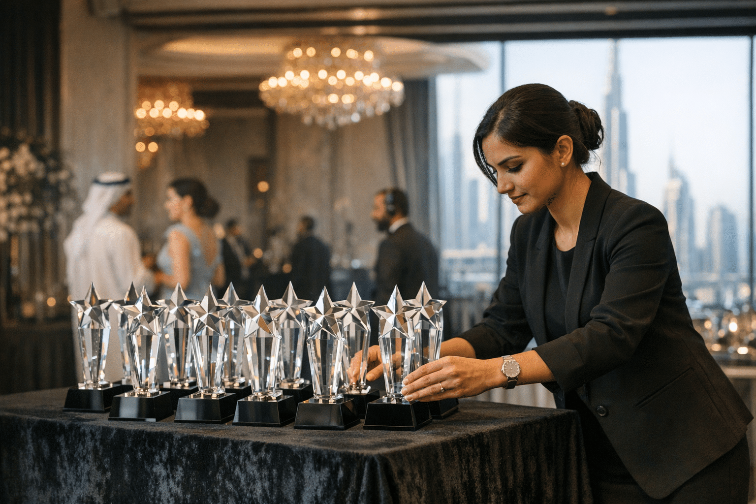 Stage assistant arranging award trophies on a display table before an awards ceremony in Dubai.