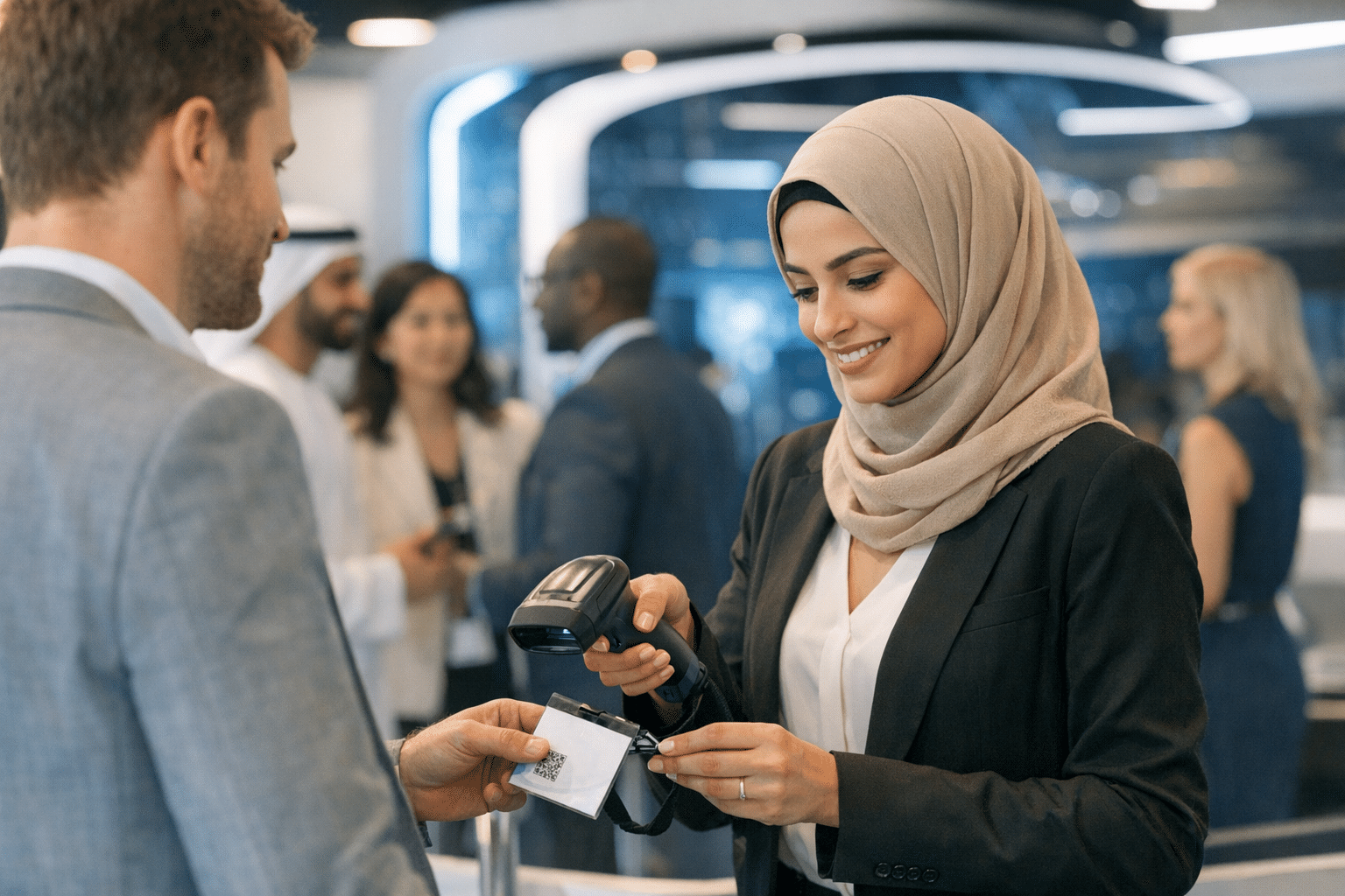 Hostess scanning a visitor badge at a GITEX technology stand, Dubai Exhibition Centre