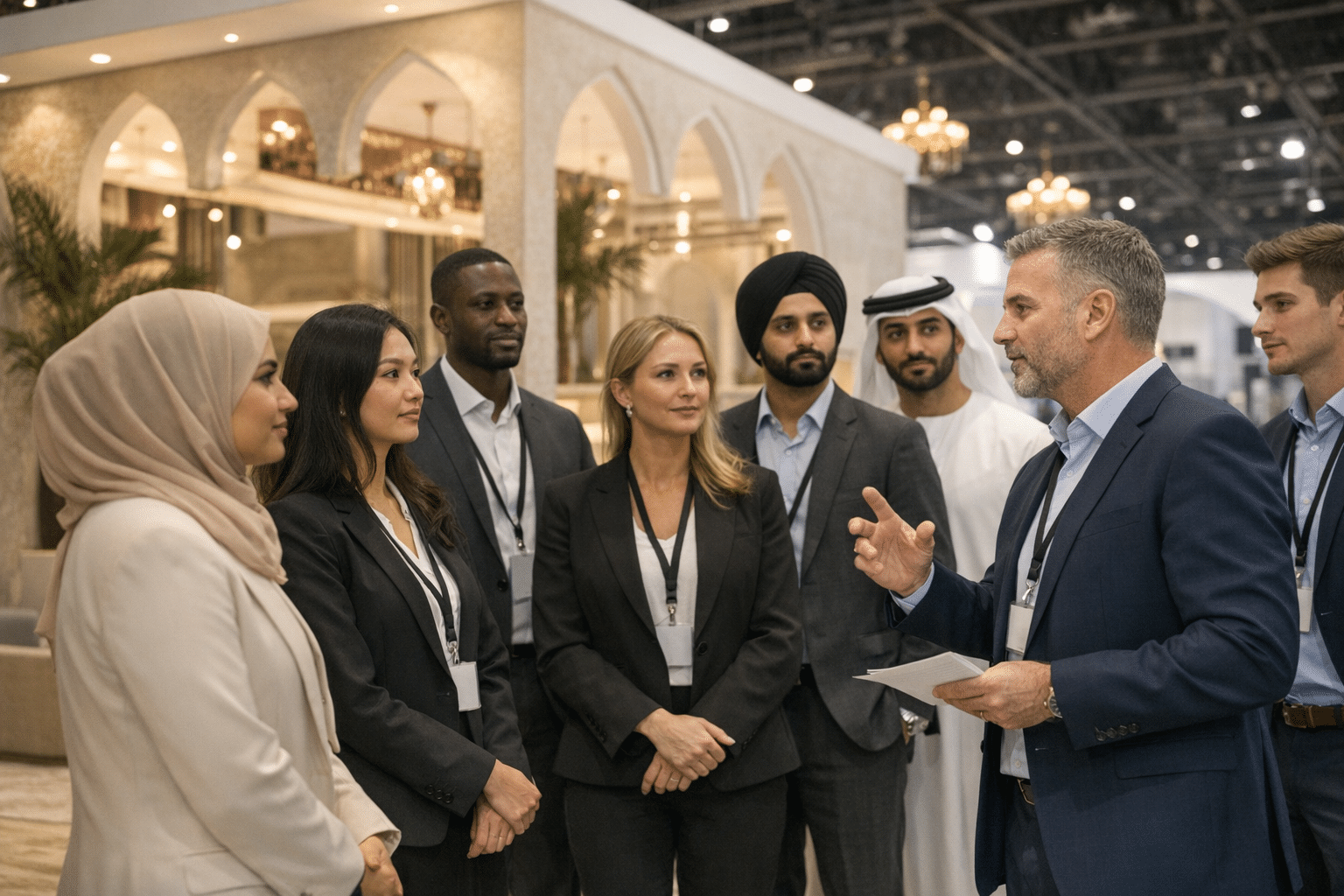 Multilingual exhibition team being briefed before hall opening at a Dubai trade show stand