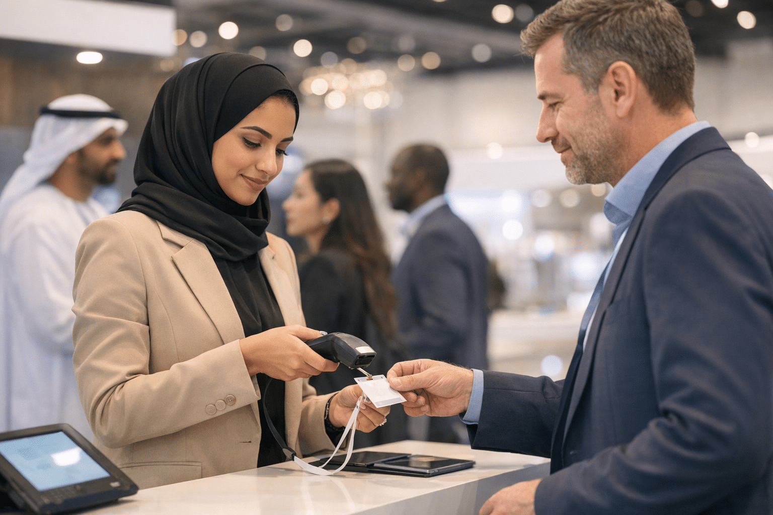Hostess scanning a visitor badge for lead capture at an exhibition stand in Dubai World Trade Centre