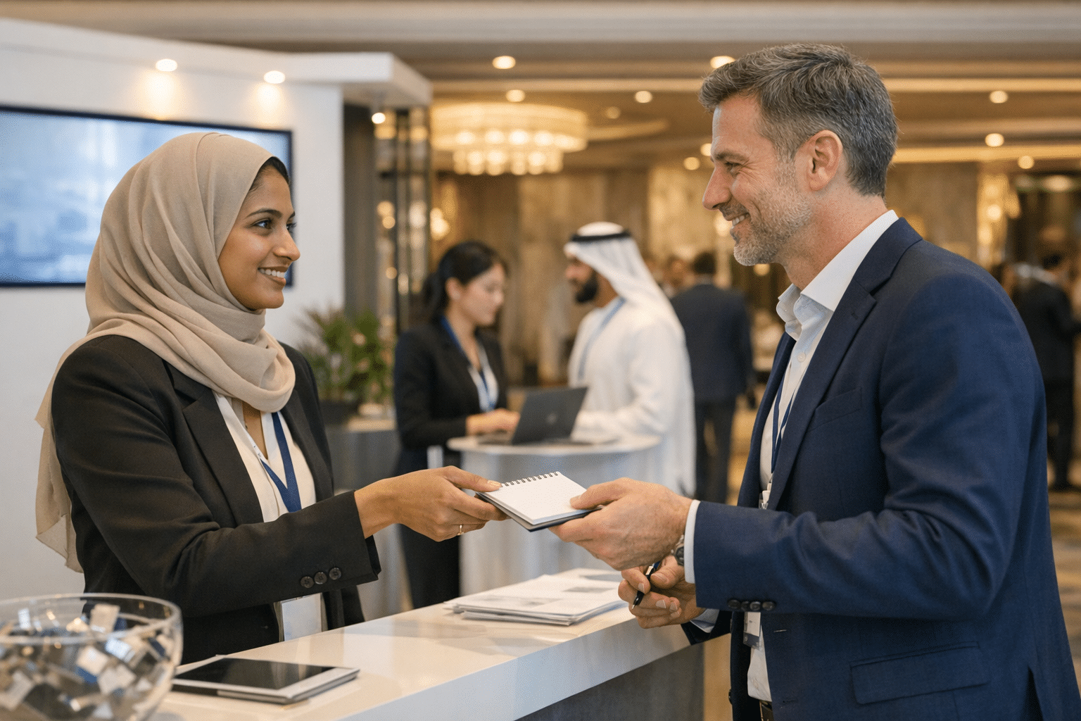 Two exhibition staff handing over lead notes during a shift change at a trade show stand