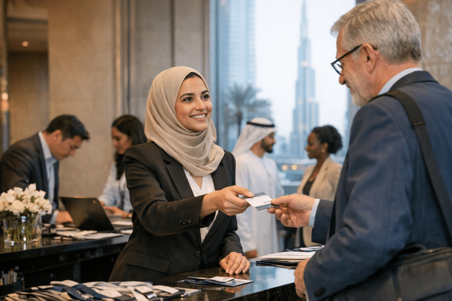 Event hostess welcoming delegates at a conference registration desk in Dubai