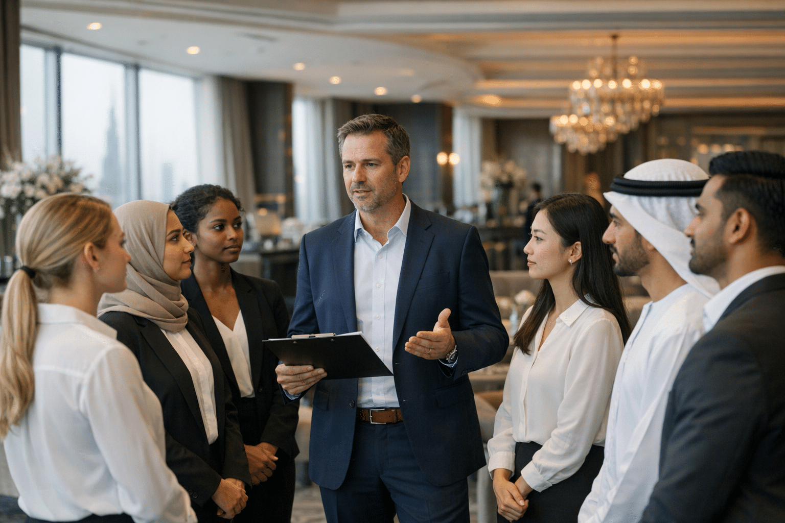 Supervisor running a morning briefing with promoters before a brand activation in a Dubai venue