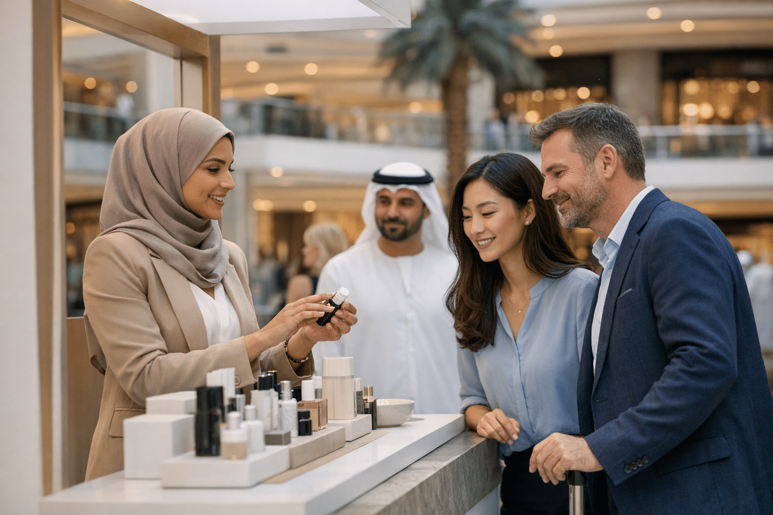 Promoter demonstrating a product to shoppers at a branded pop-up stand in a Dubai mall atrium