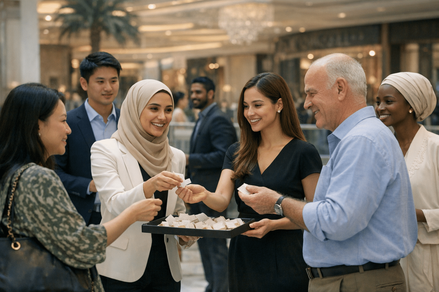 Multilingual promotion staff handing product samples to international shoppers during a Dubai mall campaign