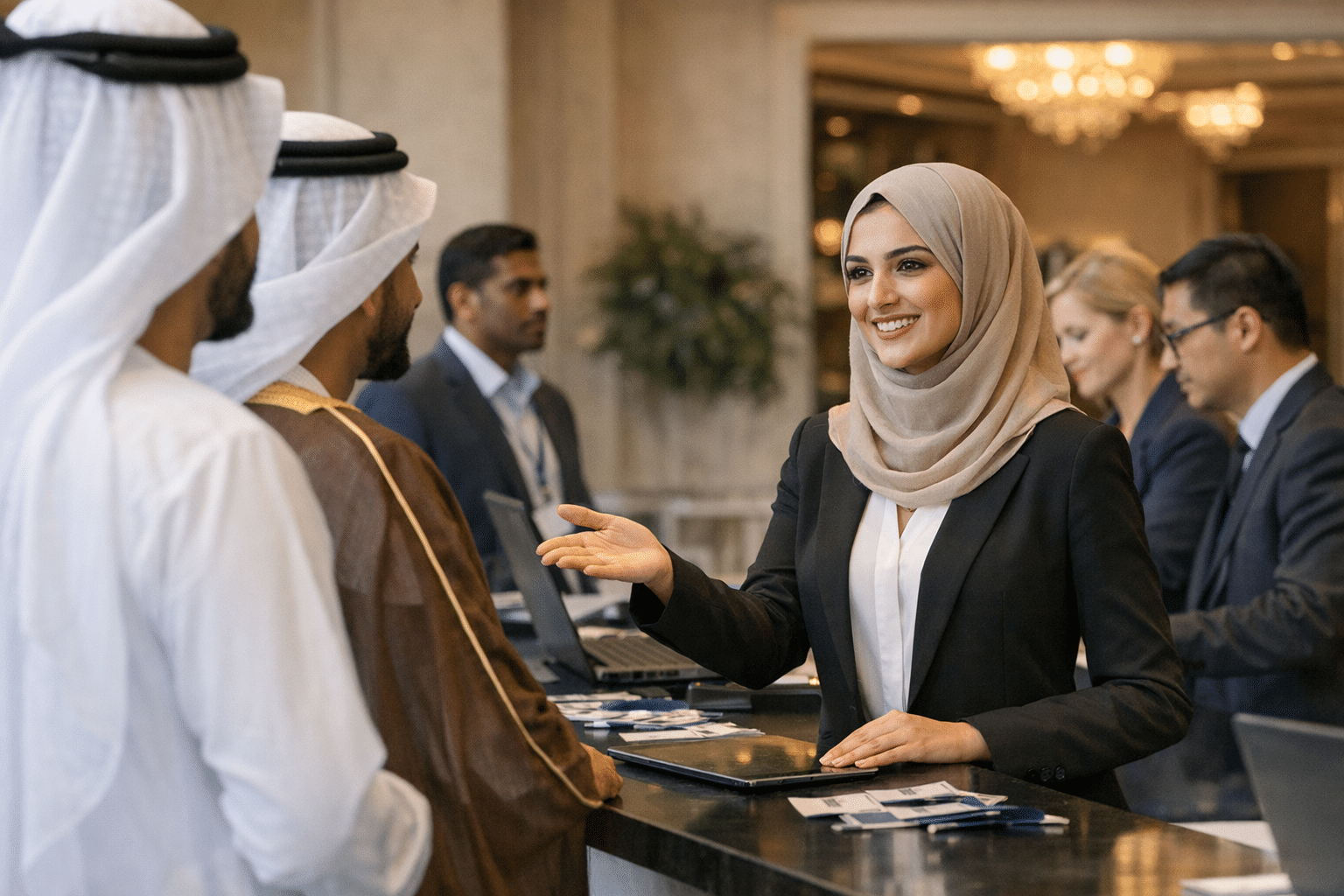 Arabic and English speaking hostess welcoming GCC delegates at a Dubai trade show registration desk