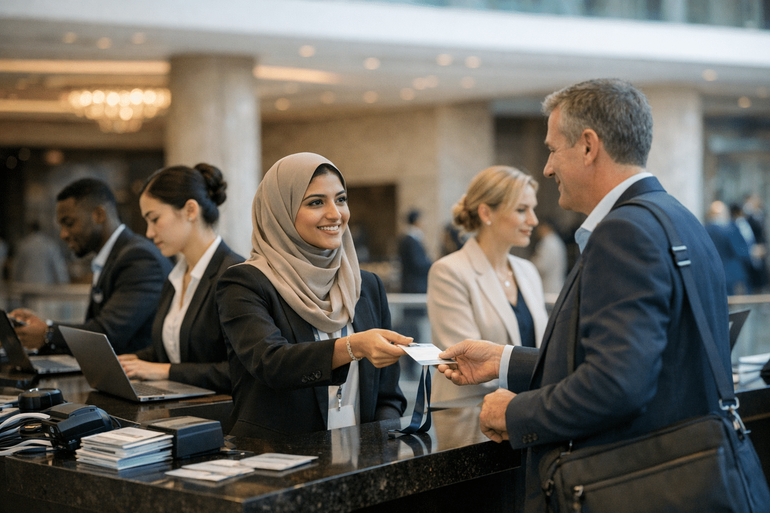 Multilingual registration desk staff checking in conference delegates at Dubai World Trade Centre