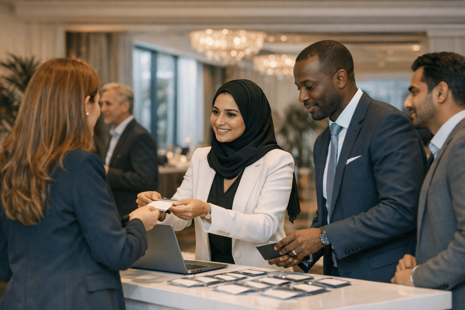 Hostess checking in guests at a branded registration desk during a Dubai product launch