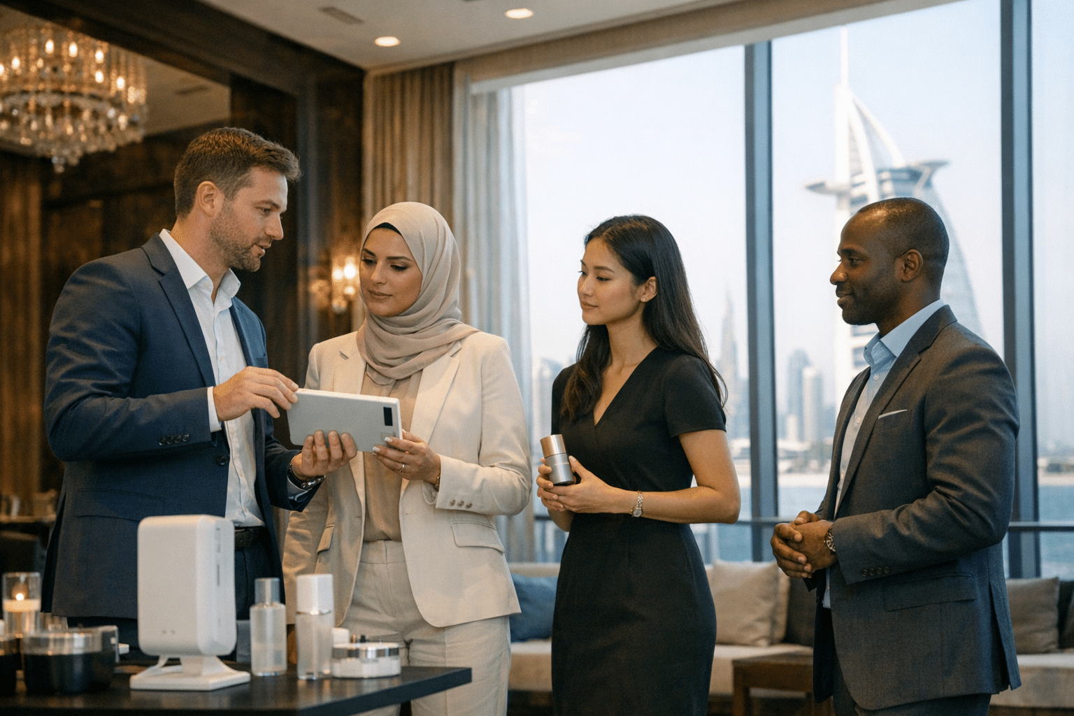 Brand ambassadors rehearsing a product demonstration before a launch event in Dubai