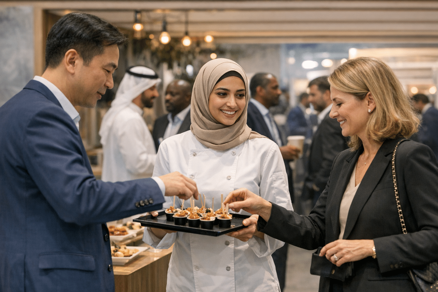 Promoter offering food samples to visitors at a Gulfood exhibition stand in Dubai
