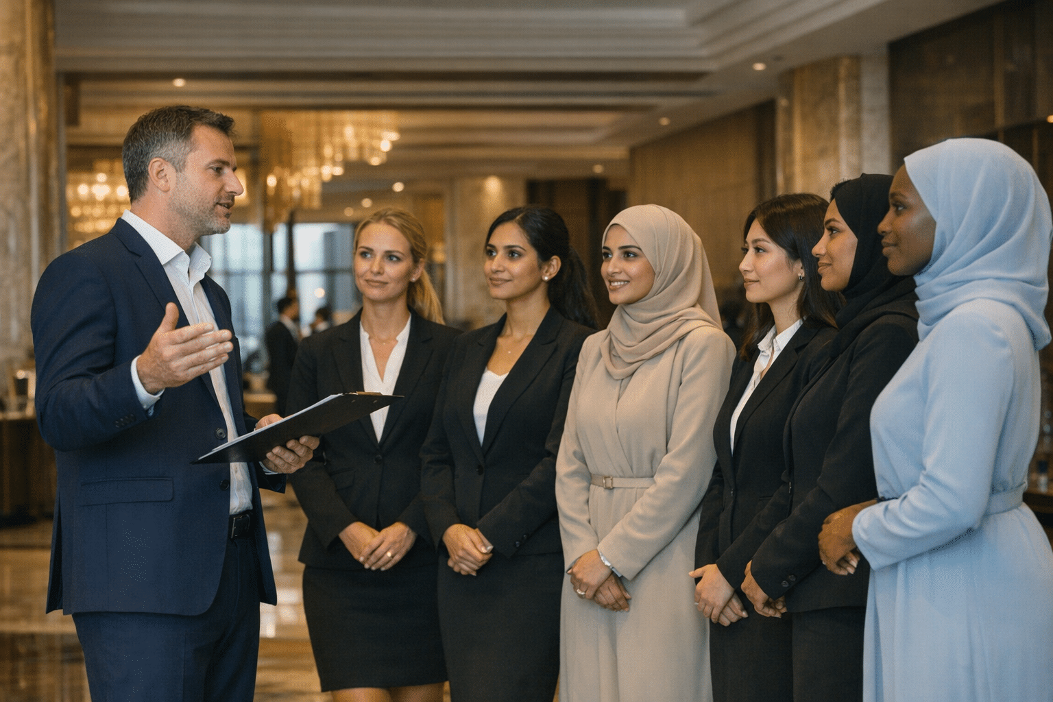Event supervisor briefing a team of hostesses before doors open at a Dubai conference venue