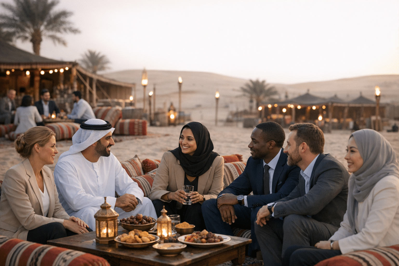 Majlis-style seating area prepared for a corporate iftar at a desert camp near Dubai