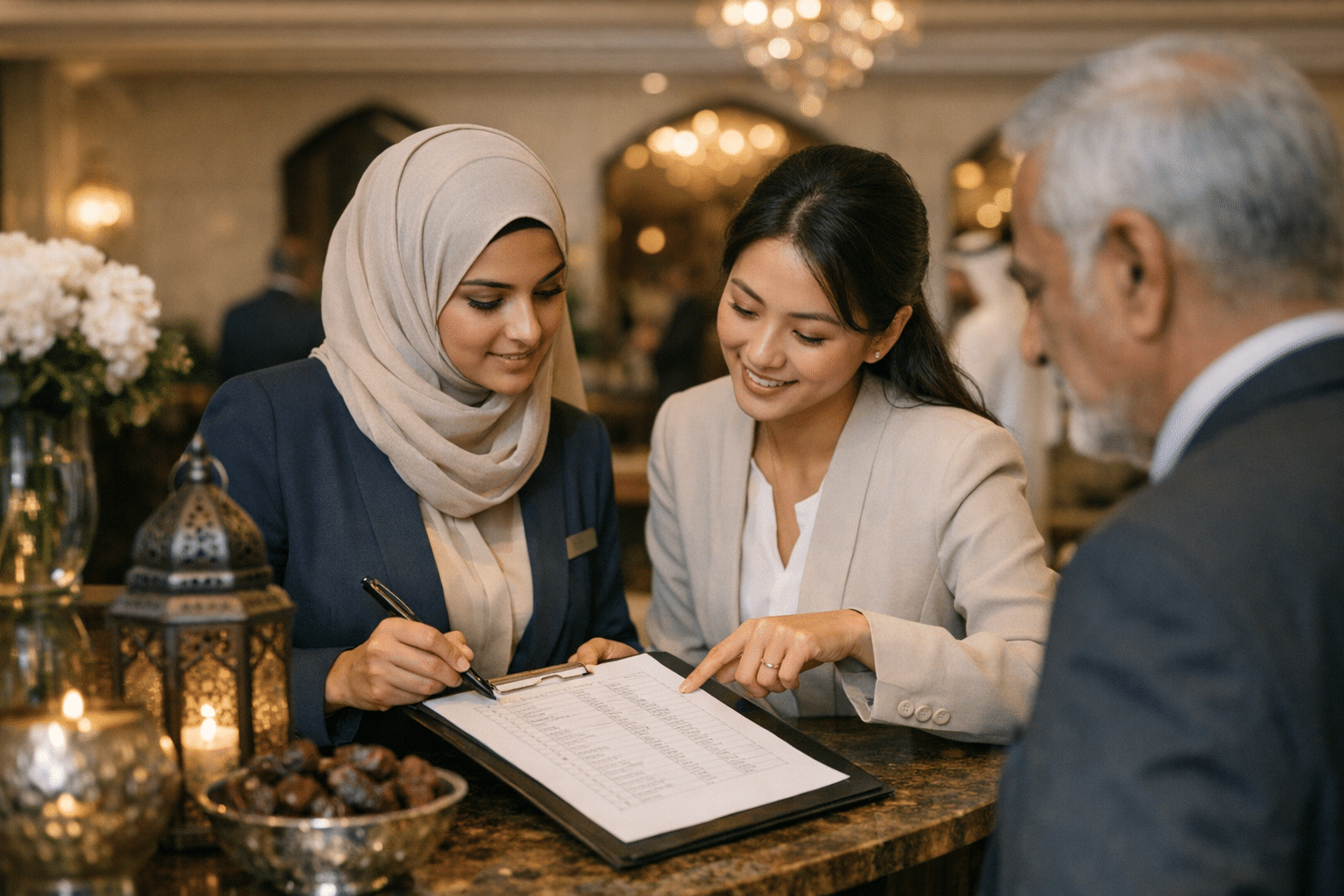 Event hostesses in modest uniforms checking a guest list at a Dubai hotel iftar reception desk